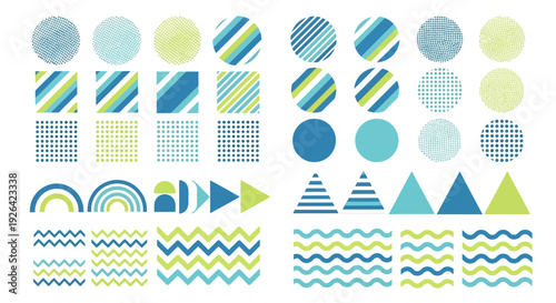 A collection of various geometric shapes and patterns in shades of blue and yellow, displayed in a grid layout.