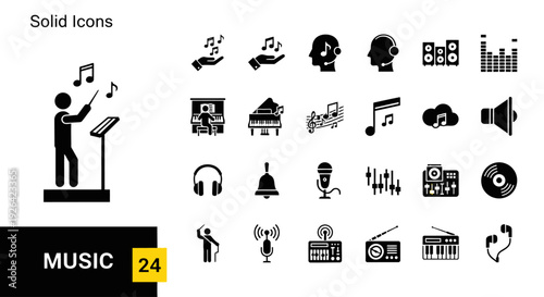 A collection of solid music icons featuring various elements and symbols representing sound and performance