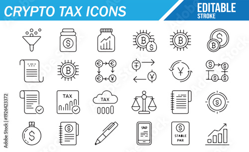 Crypto Tax Icons Set: Editable Line Art for Finance and Accounting