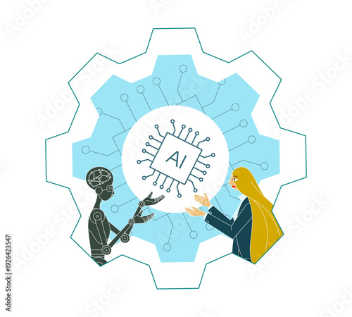 Humanoid robot and person interacting around AI microchip, automation concept.