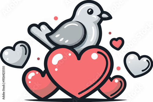 Cute cartoon bird perched on a large red heart with floating hearts