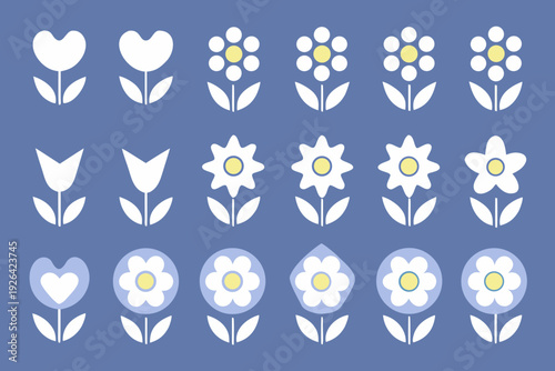 Stylized floral progression buds to full blooms in varying styles