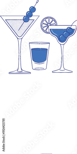 Minimal blue line illustration of cocktail glasses and shot glass, elegant hand drawn alcoholic drinks set with olives and citrus garnish