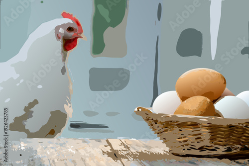 A white hen stands near eggs nestled within a woven basket