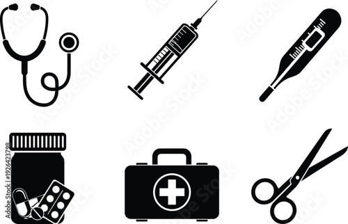 Medical and Healthcare Equipment Icon Set Including Stethoscope Hypodermic Syringe Digital Thermometer Medicine Bottle With Pills First Aid Kit and Scissors