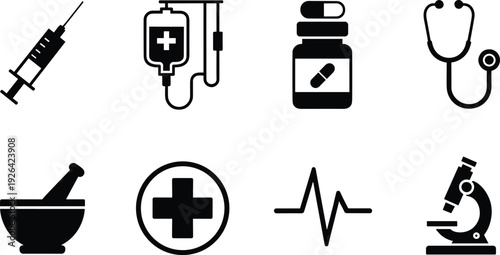 Medical and Healthcare Vector Icon Set Featuring Syringe IV Bag Medicine Bottle Stethoscope Microscope Heartbeat and Pharmacy Symbols Isolated on White Background for Design
