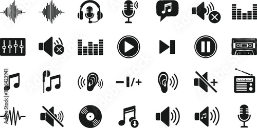 Audio and sound control icon set with music, volume, microphone, waveform, playback and media symbols isolated on white