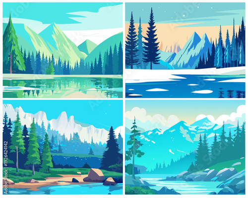 Stylized mountain landscapes in a four panel grid with varying scenes