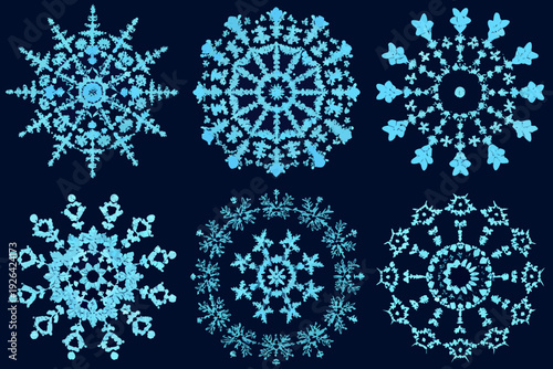 Detailed collection of uniquely shaped light blue snowflakes against a dark background