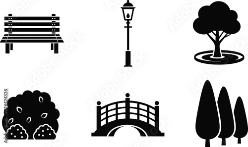 Public Park and City Landscape Icon Set Featuring Wooden Bench, Street Lamp, Decorative Bridge, Green Trees, Garden Bushes, and Outdoor Nature Elements