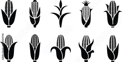 Maize Corn Typography Silhouette Icon Pack Corn Cob Silhouette Icon Vector Set