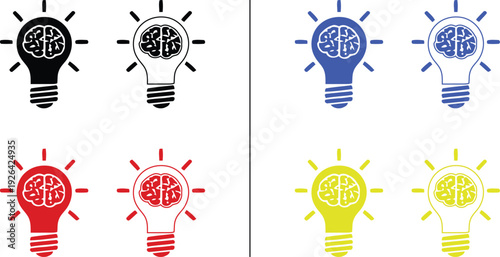 brain in light bulb icon isolated on white background, vector illustration of creative thinking and intelligence in solid and outline styles with multiple colors.