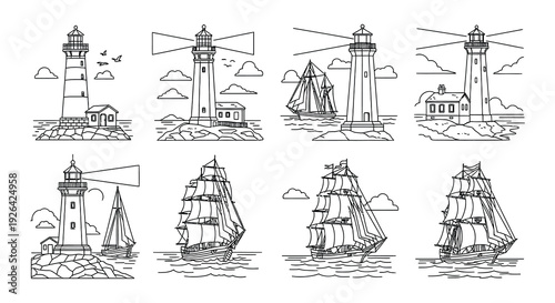 Collection of nautical themed line drawings featuring lighthouses and sailboats