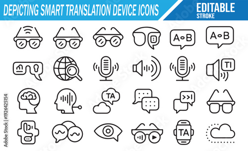 Linear Style Icons for Global Translation Technology, Microphones, and AI Chat