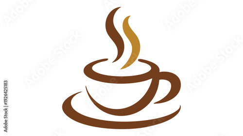 A stylish graphic of a steaming coffee cup with a swirl design