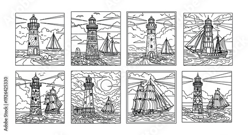 Collection of nautical themed line drawings featuring lighthouses and sailboats