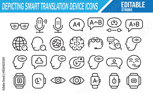 Set of Line Art Icons Depicting Smart Language Translation Devices and Concepts