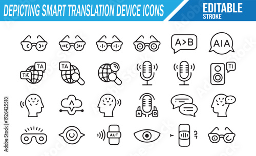 Editable Stroke Icons of Smart Translators, Earbuds, and Global Language Symbols
