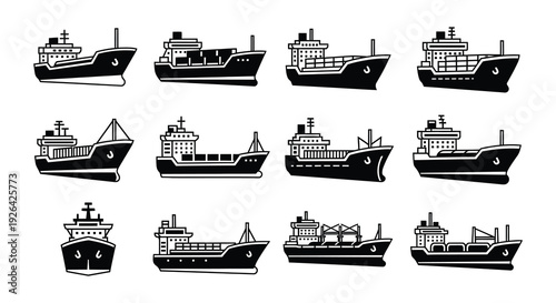 Collection of black and white ship and boat illustrations in a grid format