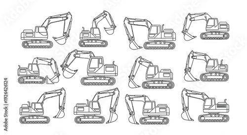 Line art illustration of various construction excavators in different positions