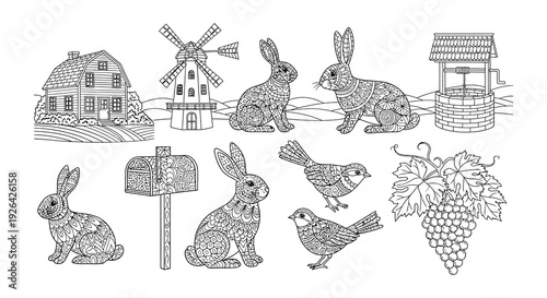 Detailed line art illustration featuring a farm scene with animals and objects