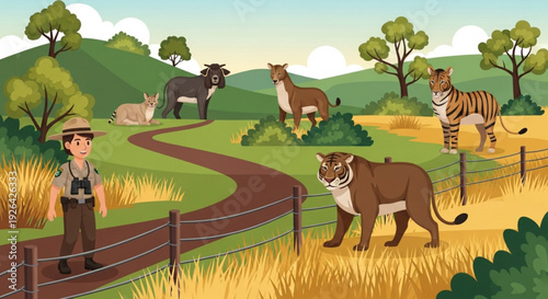 Wildlife sanctuary scene with zookeeper and fenced pathway through green hills and animals