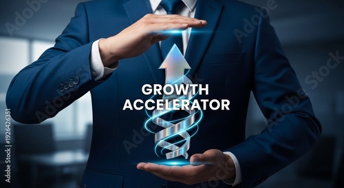 Businessman holding glowing growth accelerator arrow icon for business success and financial development concept