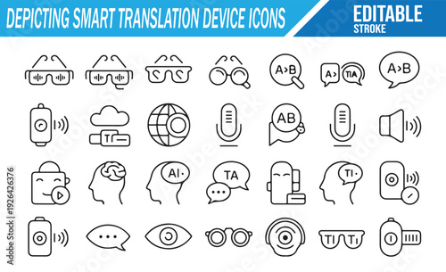 Smart translation device icons set. Editable line art vector collection of glasses, earbuds, microphones, global symbols, AI chat bubbles, and language concepts for technology and communication design