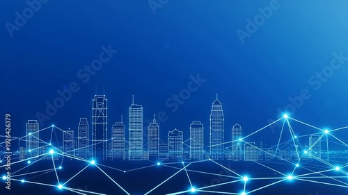 Futuristic smart city skyline with digital network connections, glowing nodes and data points — concept of IoT, 5G connectivity, urban technology and digital infrastructure
