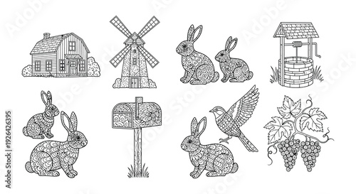 Detailed line art illustration featuring a farm scene with animals and objects