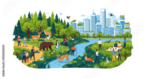 Vibrant city park scene with diverse people wildlife and modern skyscrapers in the background featuring lush greenery and a serene river