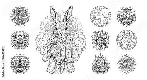 An elegant rabbit with a pocket watch surrounded by ornate floral designs