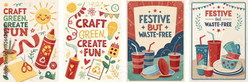 Colorful illustrations promoting eco-friendly crafting and festive fun.