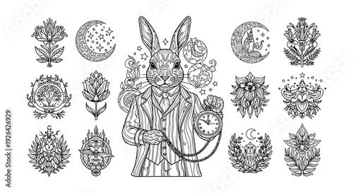 An elegant rabbit with a pocket watch surrounded by ornate floral designs