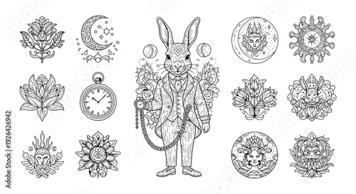 An elegant rabbit with a pocket watch surrounded by ornate floral designs