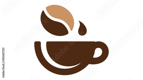 A stylish brown coffee cup with a steamy coffee illustration pouring from it.