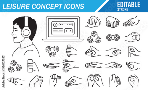 Editable Stroke Leisure Icons - Modern Relaxation Vector