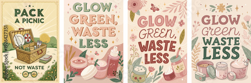 Colorful illustrations promoting eco-friendly habits and picnicking.