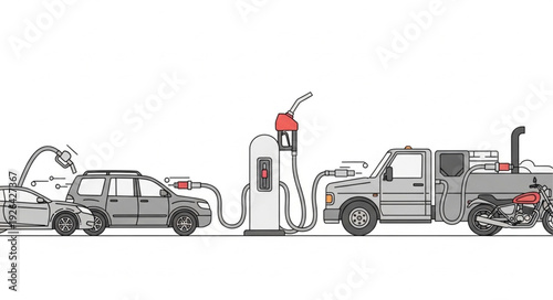 Vehicles Refueling at Gas Station Pump.