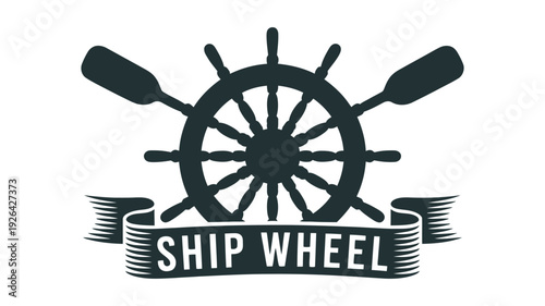 Vintage ship wheel logo with nautical paddles and banner