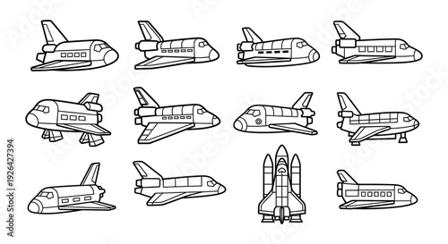 Collection of black and white space shuttle illustrations in various views