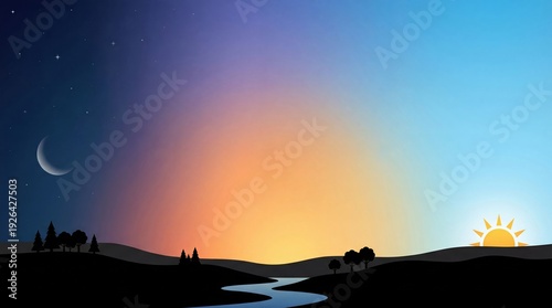 Landscape transition from night to day with sun and moon. Abstract concept of spring equinox and balance. Vector illustration