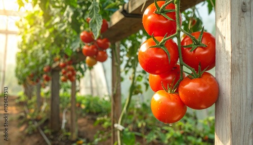 Close-up of ripe red tomatoes on a vine in a sunlit greenhouse