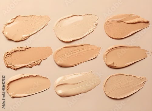 Liquid foundation swatches in multiple shades, neutral background, high-resolution product texture.