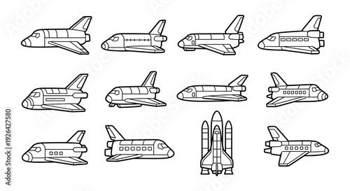 Collection of black and white space shuttle illustrations in various views