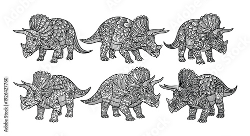 Intricate zentangle dinosaurs a collection of stylized triceratops designs