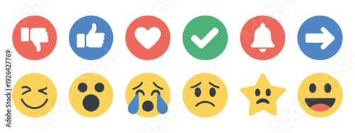 Emoji Reactions Vector Set, Social Media Icons Including Like, Dislike, Heart, Share, Comment, and Engagement Symbols