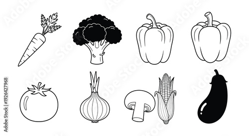 Black and white illustration of various fresh vegetables and a mushroom