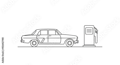 Vintage Car at Gas Pump.