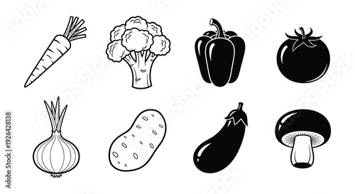 Black and white illustration of various fresh vegetables and a mushroom